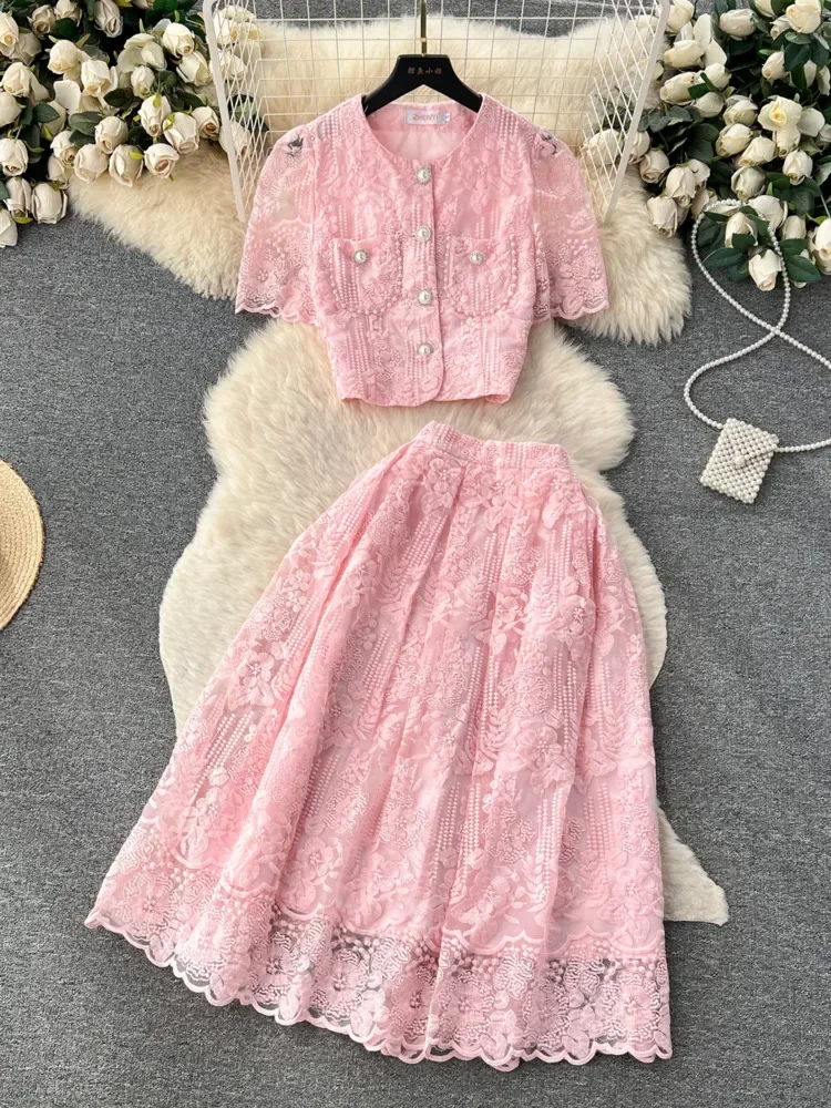 Summer Korean Small Fragrance Style Lace Set Two Piece Suit Lace Hook Flower Short Sleeve Shirt Tops Midi Skirt Women\'s Outfits