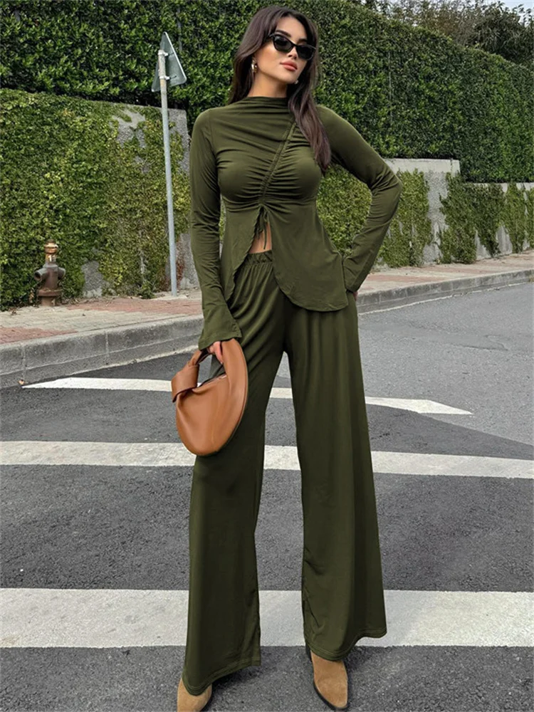 

Tossy Pleated Lace-Up 2 Piece-Set Casual Trousers Slim Long Sleeve Cropped Top And Patchwork Trousers Sets Female Pants Sets New