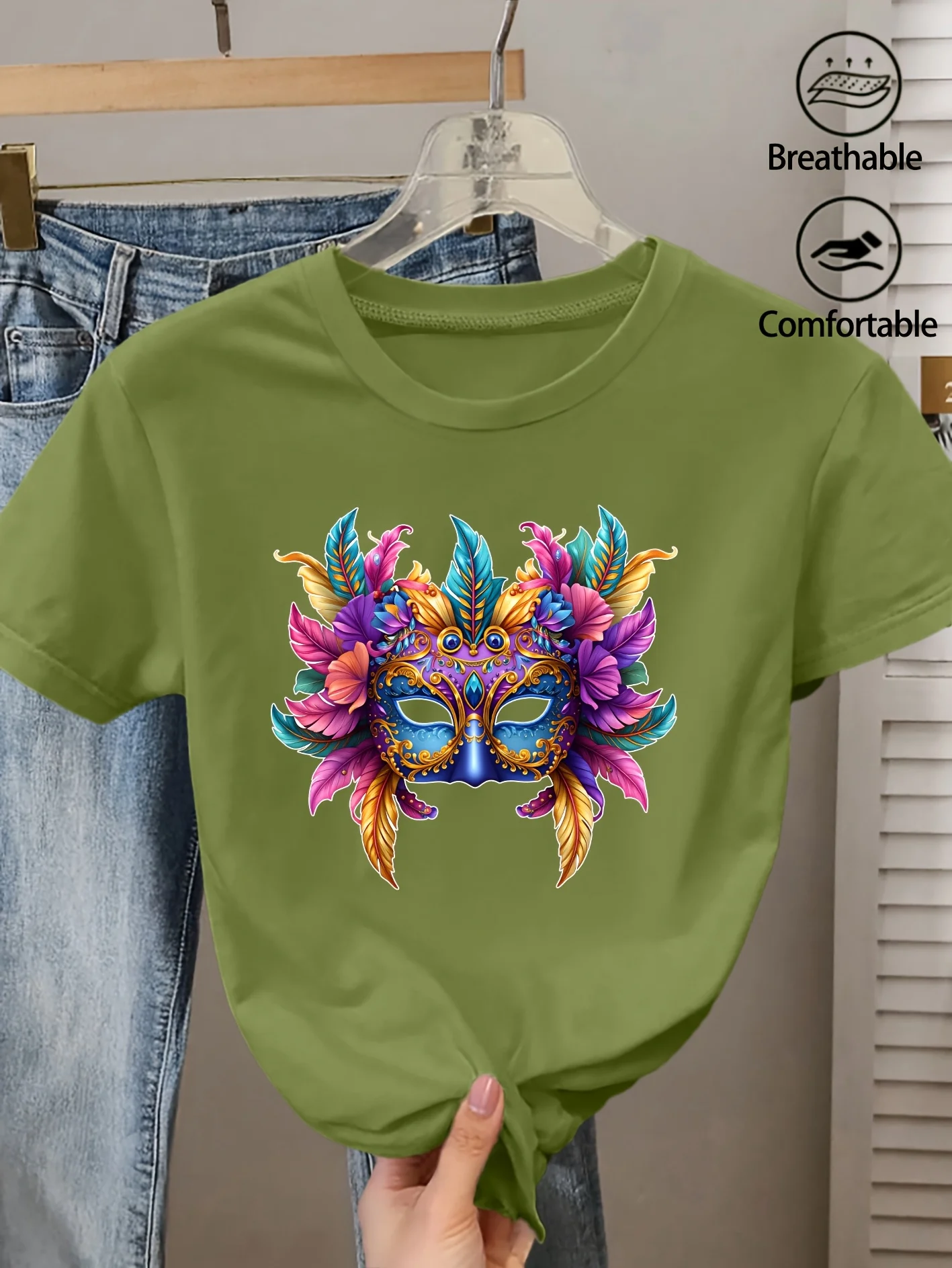 Carnival Women's Elegant Style Short Sleeve Colorful Feather Carnival Mask Printed Round Neck Elegant Women's Printed Fashion