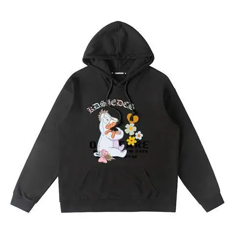 

Толстовка с рисунком осла, осень-зима 2022, хлопковый флисовый пуловер, черная основа, персонаж осла с осликом, оранжевый предмет, цветы, сердечки