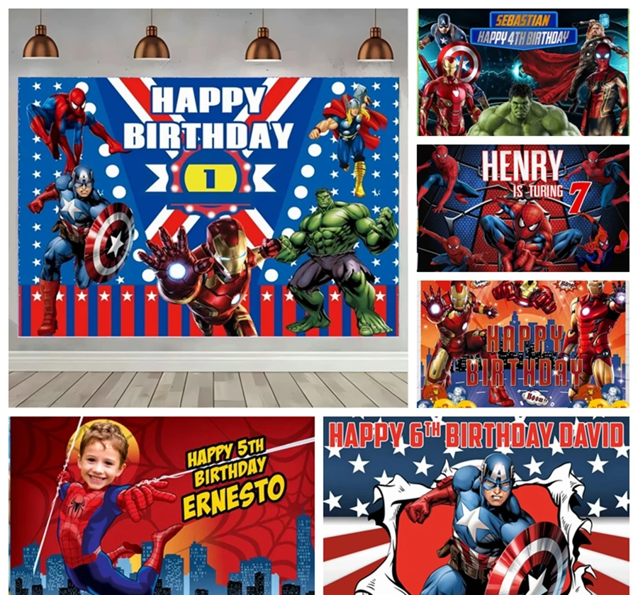 

Marvel Superhero Theme Photography Backdrop Spider Man Captain America Kids Birthday Party Personalized Custom Decoration Props