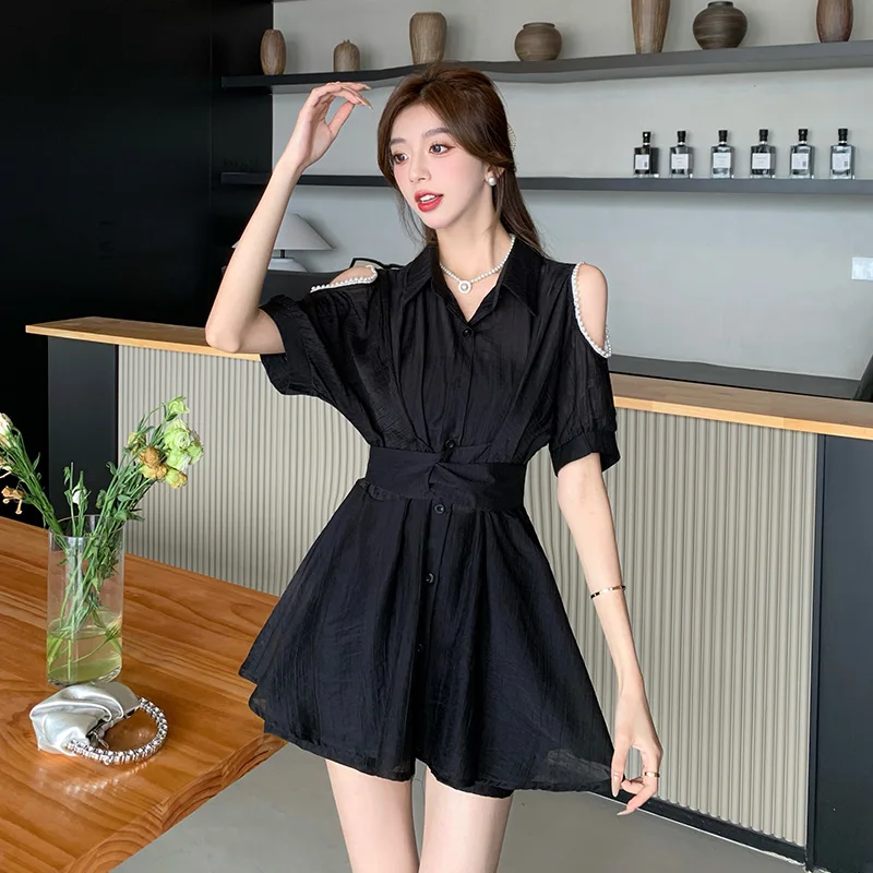 2024 Summer Fashion Blouses 2 Piece Set Women Lapel Pearls Beaded Off Shoulder Lace Up Shirt Dress Tops + Pockets Shorts Suit