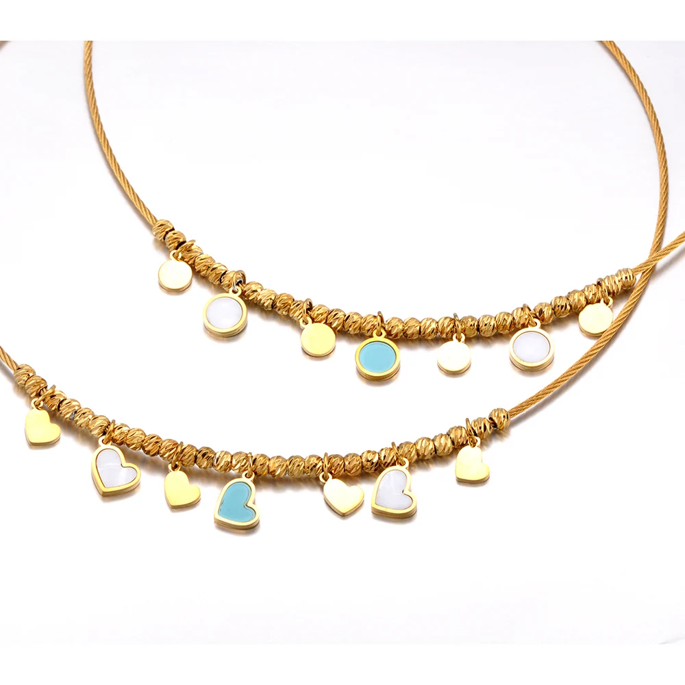 JeeMango الأزرق شل الحب القلب حبة الفولاذ المقاوم للصدأ المرأة المختنقون قلادة PVD مطلي متعدد نمط خاتم هدايا مجوهرات أنيقة N25173