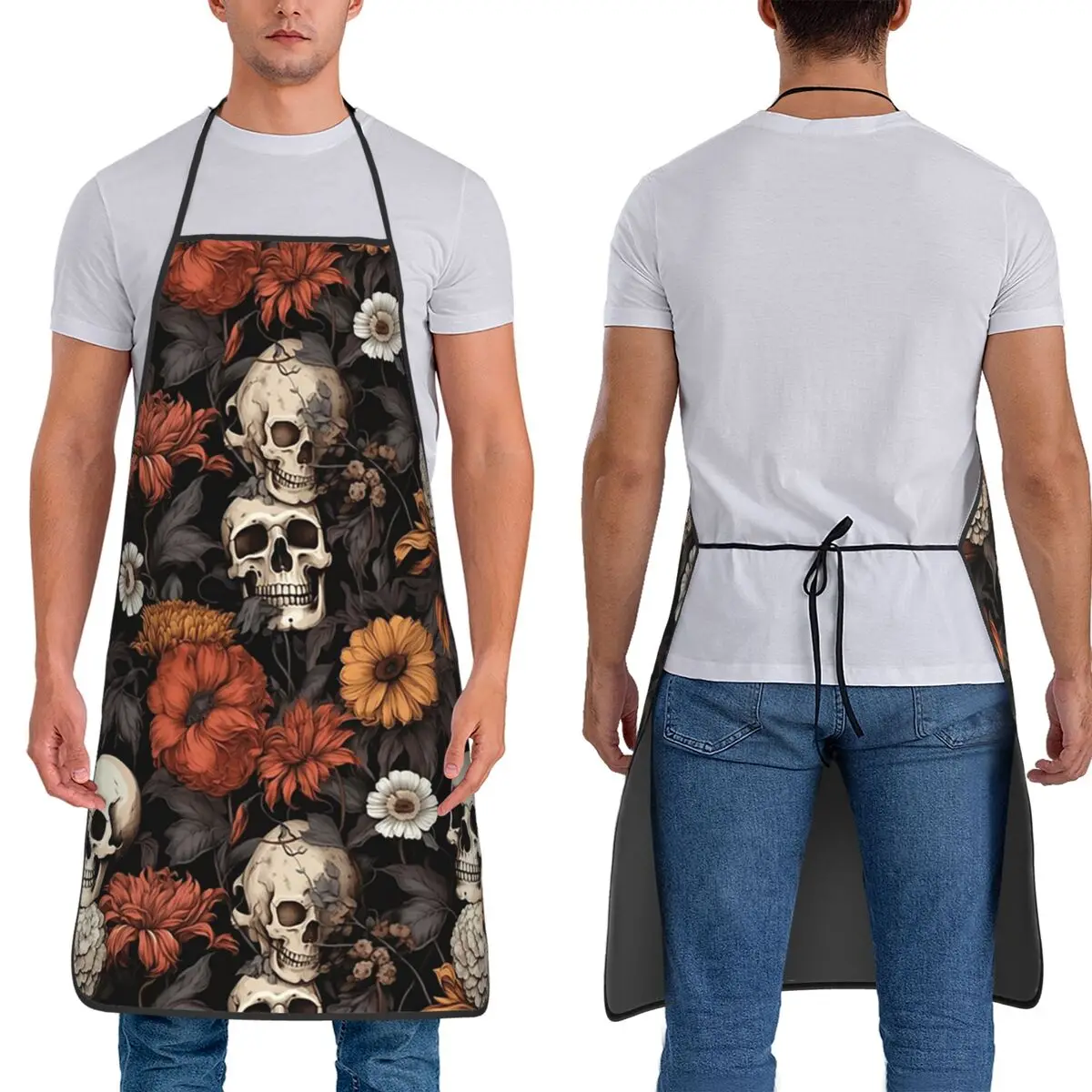 

Фартук с черепом и цветочным узором, кухонный фартук для шеф-повара, водонепроницаемый нагрудник для чистки кухни, сарафан для женщин и мужчин, живопись