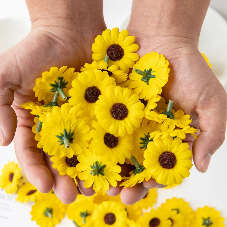 100 Stück Künstliche Sonnenblumen für Scrapbooking, Weihnachtsdekoration für Zuhause, Hochzeit, Garten, DIY-Süßigkeitenbox, Brautaccessoires, Sonderangebot – Detail 1