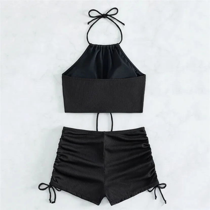 Black Bottom Shorts Swimsuits Women Halter Bikinis Set String Drawstring Swimwear Sexy Bathing Suit Beachwear Bikini 2024 Mujer