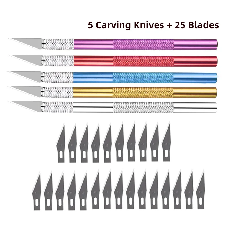 5pcs Carving Knife Handle +25pcs Blades Metal Scalpel Knife Tools Kit Wood Paper Cutter Craft Pen Engraving Cutting Supplies