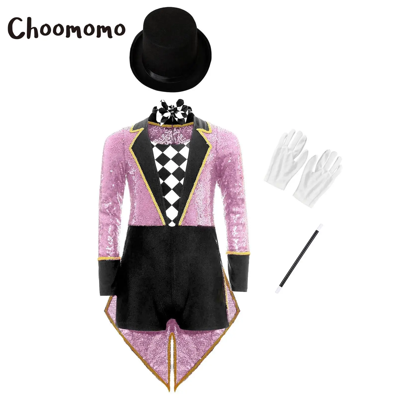 

Halloween Circus Magician Cosplay Costume Roleplay Dress for Kids Boys Girls Checkerboard Tailcoat Bodysuit Bow Tie Hat Wand