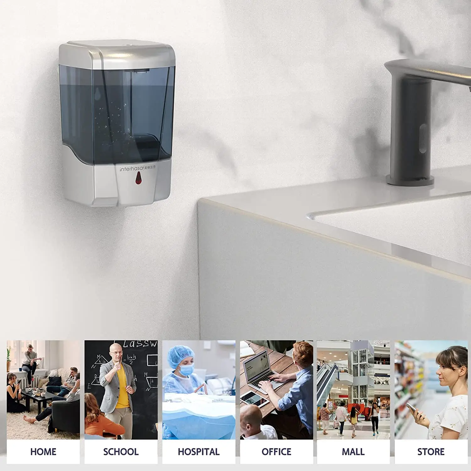 interhasa! Soap Dispenser Touchless Hand Sanitizer Dispenser Wall Mount 600ml Automatic Kitchen Soap Dispenser for Commercial