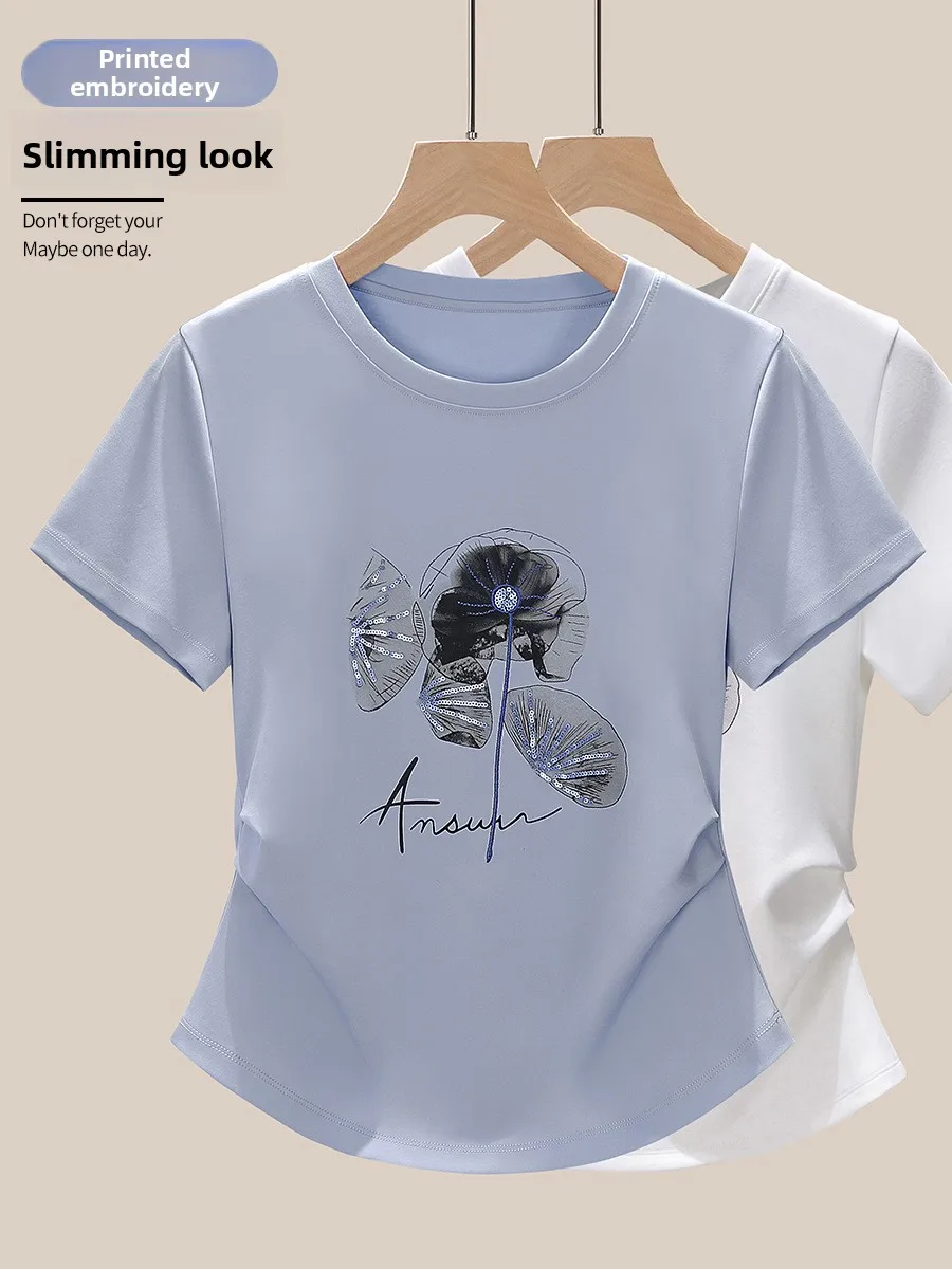 

2025 Summer Women's Embroidered Print Tee Ruffle Detail Slimming Waist Casual Round Neck Blouse Versatile Top （M-3XL)