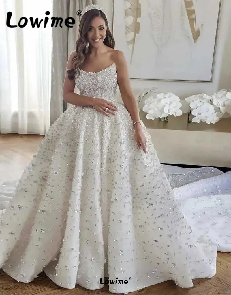 

Newest 2023 Designer Couture Strapless Crystals Wedding Dresses Beaded Chapel Train Bride Bridal Gowns Vestidos De Novias Custom