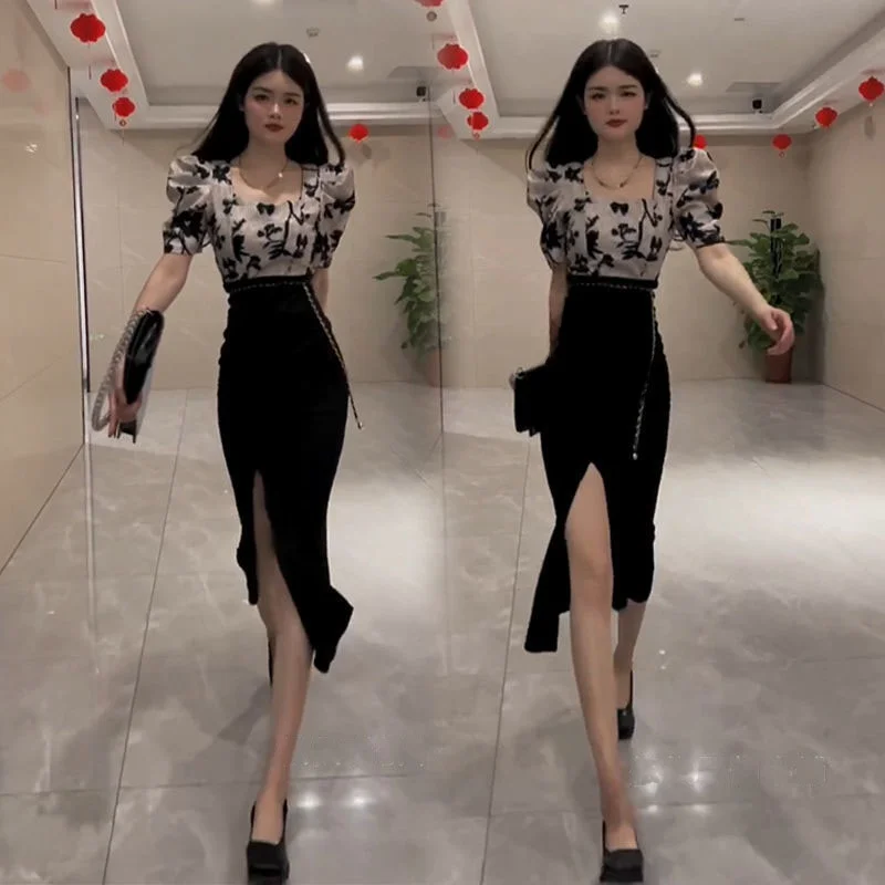 

Faionable High-Quali Women's Summer Outfit Skirt Set Square Collar Split Wrap around High Waist Design for Young Women