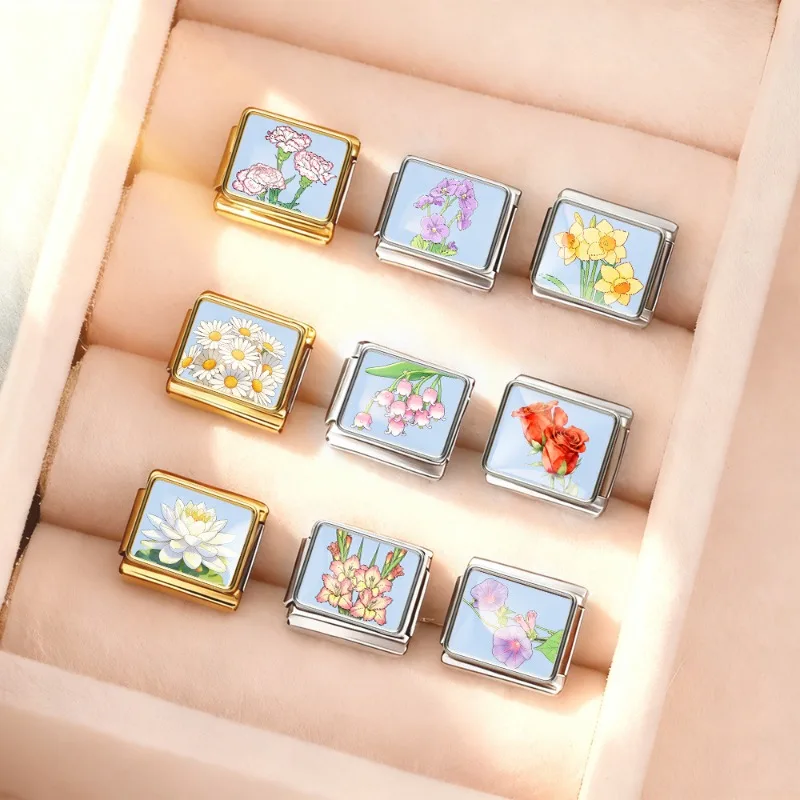 2026 Fashion Month Birthday Flower Pattern Italian Style Bracelet 9mm Stainless Steel Modular Bracelet DIY Wholesale Gift