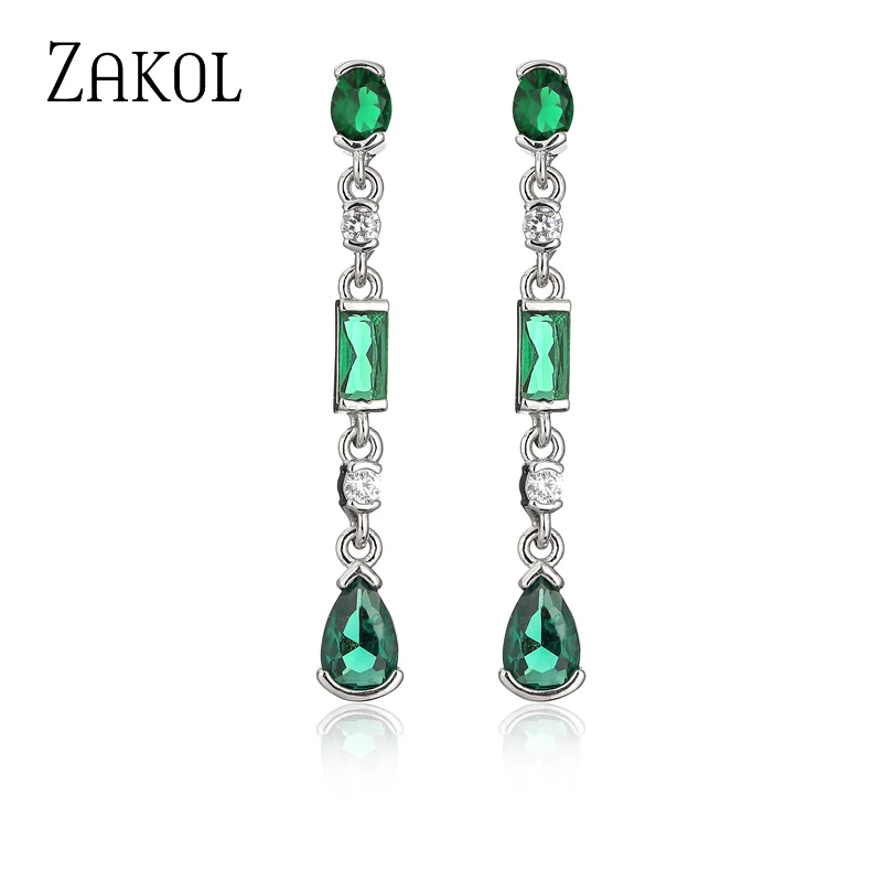 ZAKOL Fashion Green Water Drop Long Dangle Earring for Women Pink Cubic Zirconia Bridal Earrings Wedding Party Jewelry