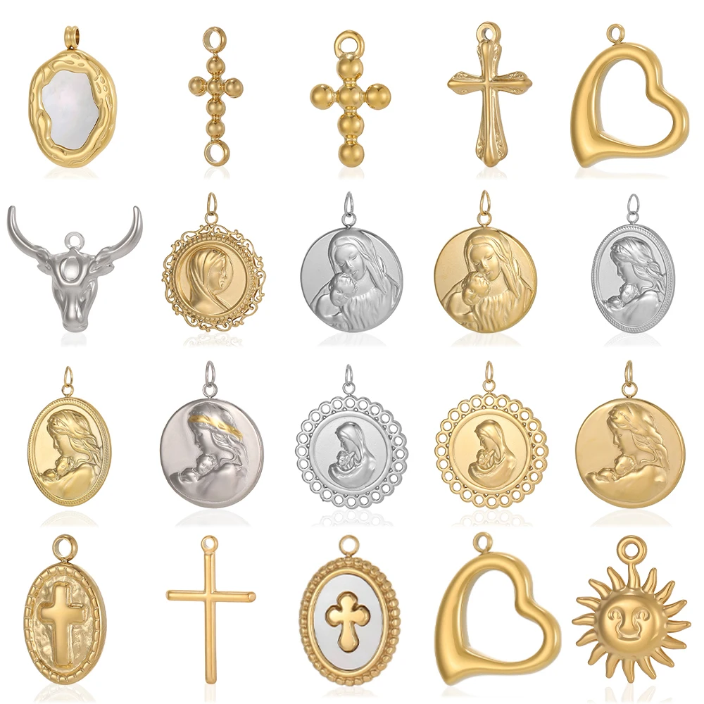 CARLIDANA Edelstahl Religiöse Kreuz Jesus DIY Schmuckanhänger Sonne Stierkopf Jungfrau Maria Königin der Herrlichkeit Charm Engel Anhänger – Detail 2