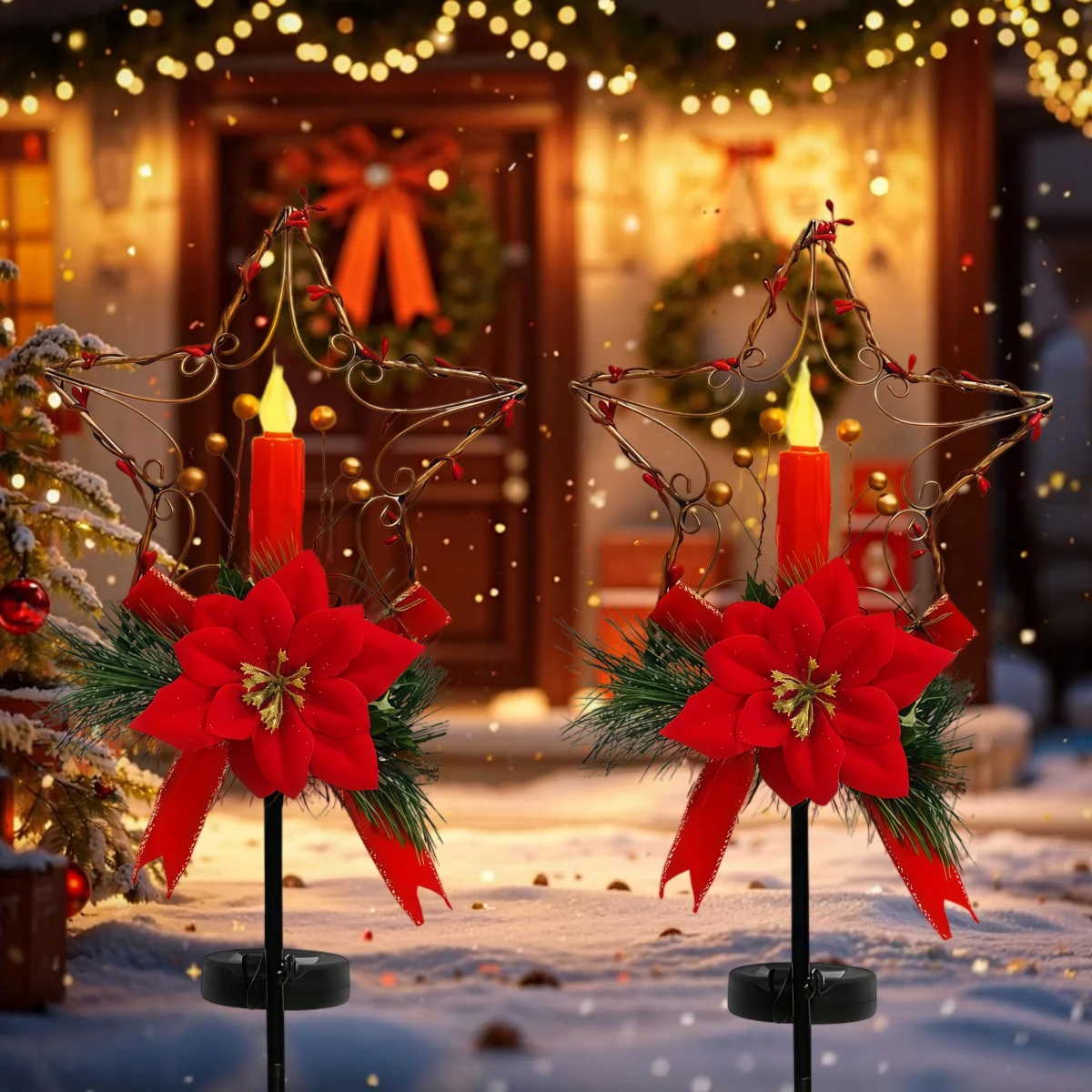 Christmas Lights Outdoor - ไฟประดับคริสต์มาสพลังงานแสงอาทิตย์สำหรับกลางแจ้ง, เทียนประดับคริสต์มาสพลังงานแสงอาทิตย์สำหรับกลางแจ้ง, ไฟคริสต์มาส, ผลไม้สีทอง, ตุ๊กตาหิมะ/ซานตาคลอส/กวางเรนเดียร์, ป้ายตกแต่งสวน,