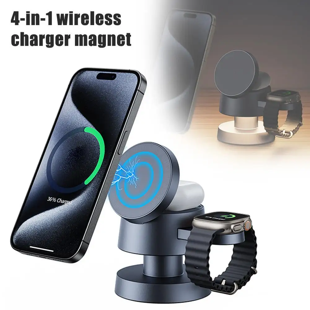 

4in1 Wireless Charging Stand Mushroom Atmosphere Night Light For Magsafe IPhone13 14 15 Series Watch Ultra2 S9 AirPods Charging