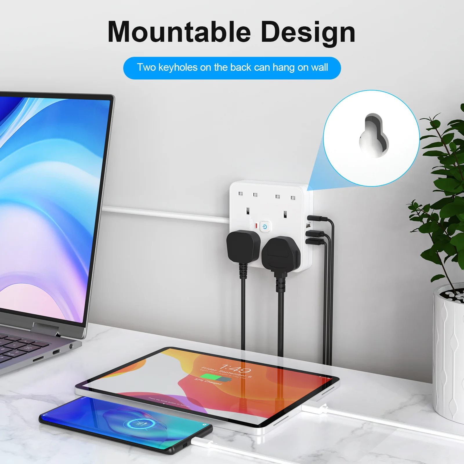 UK Plug Power strip Expansion socket with 4 AC sockets 3 USB and 1 Type C port 1.8m extension cord for home office dorms