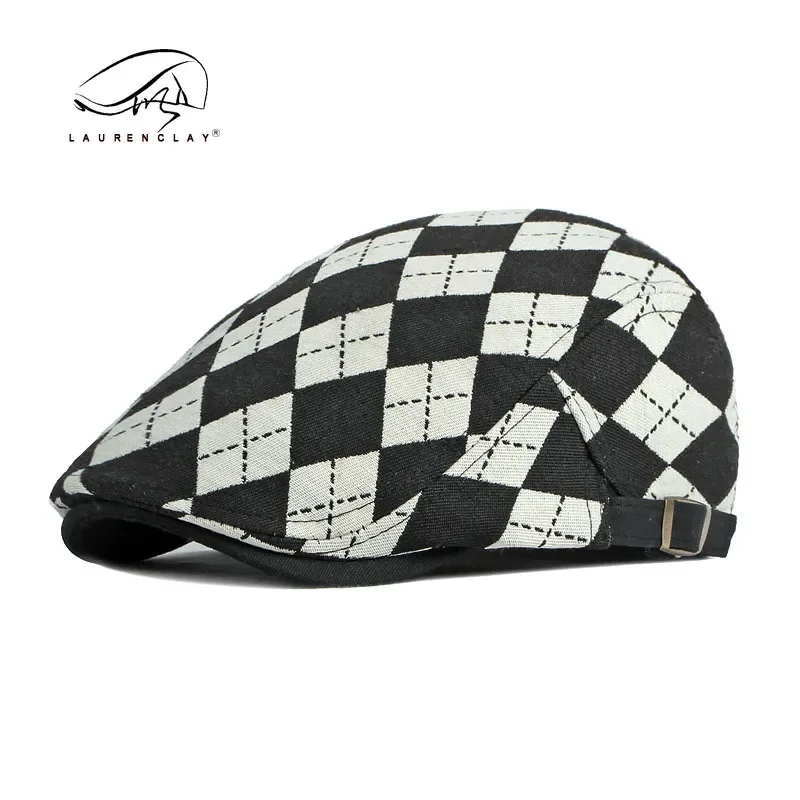 

Men Beret Cotton Buckle Adjustable Newsboy Hats Cabbie Gatsby Cap Flat Driving Caps Kpop Plaid Vintage Style