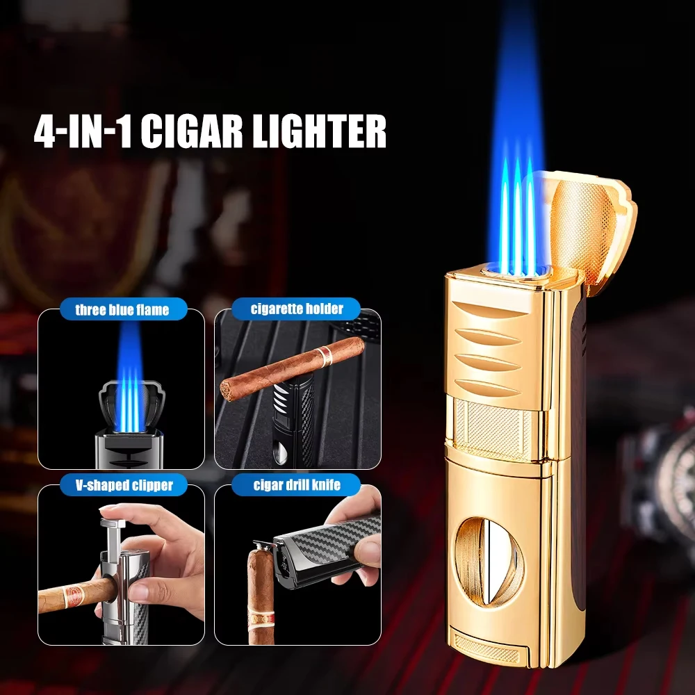 

4 in 1 Cigar Lighter Three Blue Flame V-shaped Cigar Cut And Cigar Drill Cut Visible Gas Window Ignition Tool