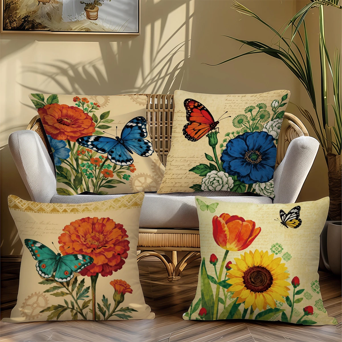 4pc Vintage Floral & Butterfly Throw Pillow Covers Rustic Farmhouse Decorative Cushion Cases for Sofa Bedroom Living Room