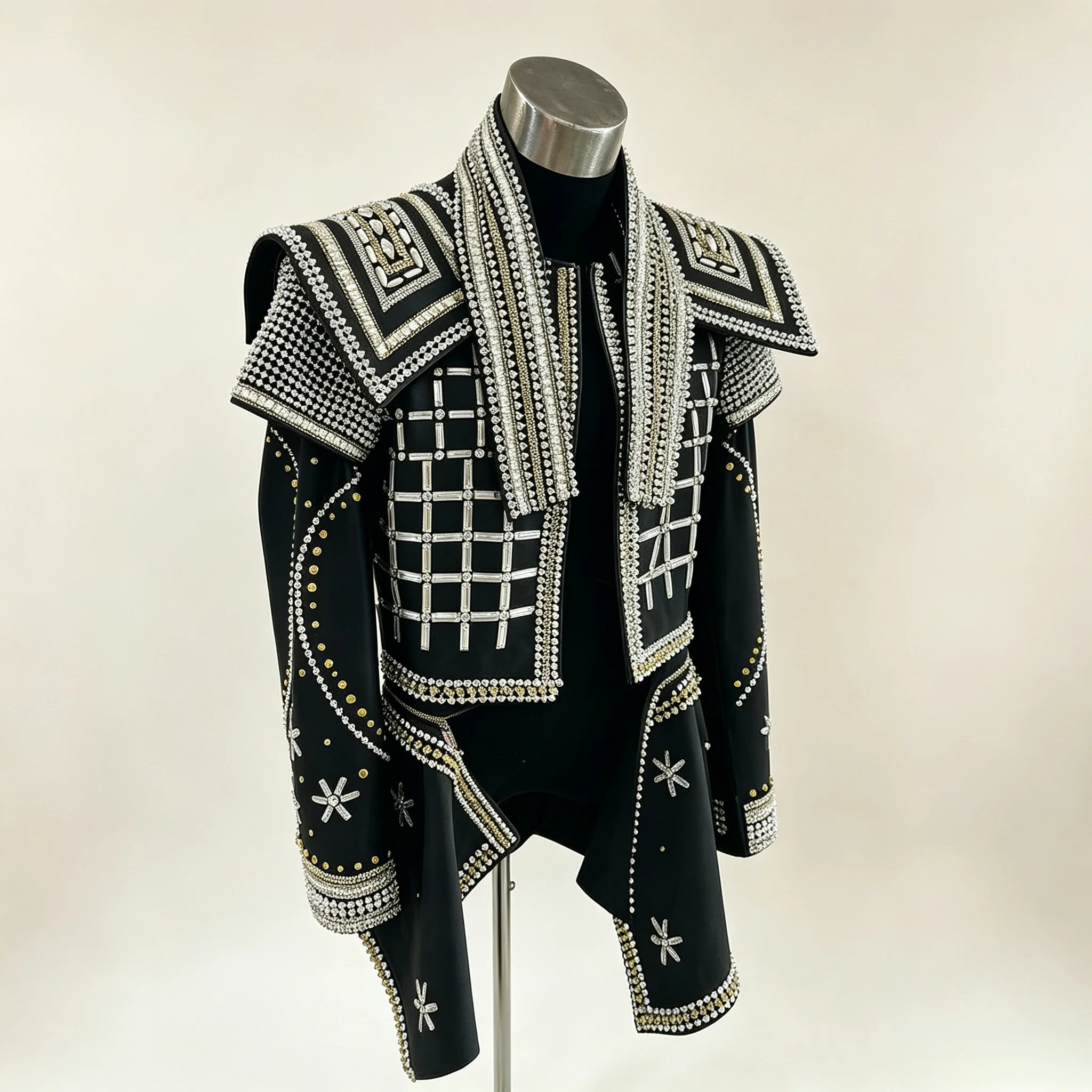 Customized Men's Luxury Rhinestone Crystals Jacket MJ Inspired Stage Costume Black Cropped Blazer With Shoulder Epaulets