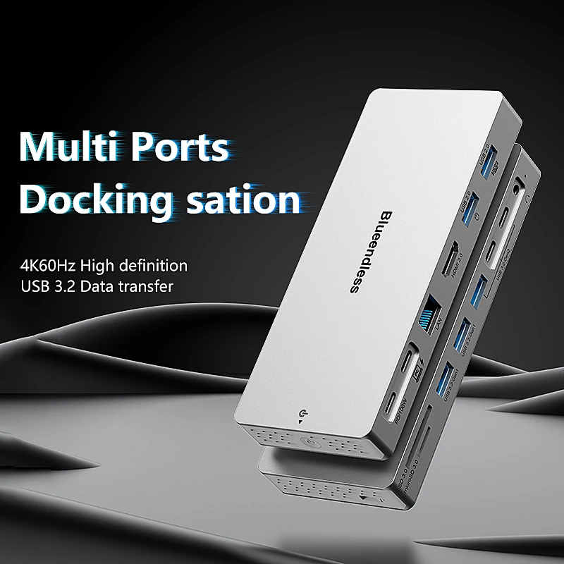 Blueendless 14 In 1 Type C Hub Docking Station 4K 60Hz HDTV Lan RJ45 Adapter 10Gbps USB 3.2 Hub SD/TF Reader 3.5mm Audio PD100W