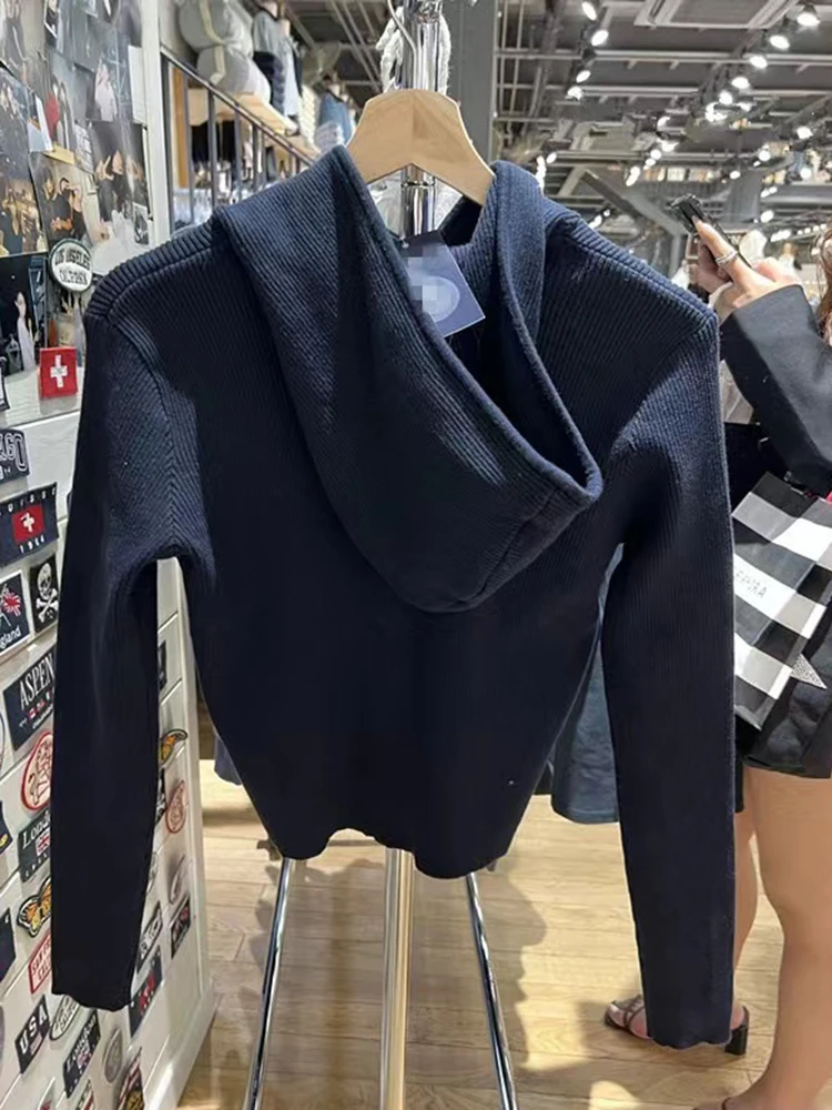 Solid Vintage Knitted Hooded Cardigan Women Autumn Cotton Double Zipper Casual Cardigans Y2k Streetwear Slim Short Sweater Tops
