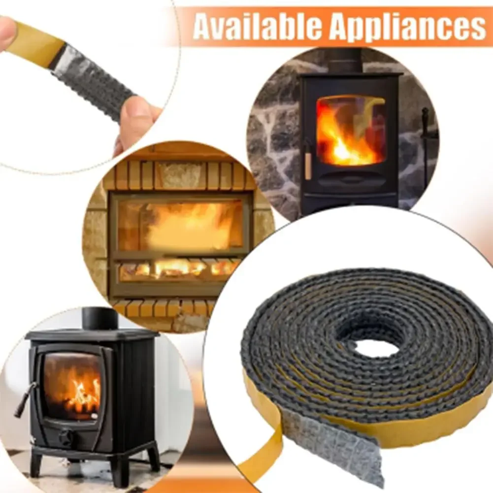 =2M=Black=Flat Stoves Rope Adhesive Glass Seal Stove Fire Rope High Temperature Chimney DoorStove Fireplace Sealing Tapes