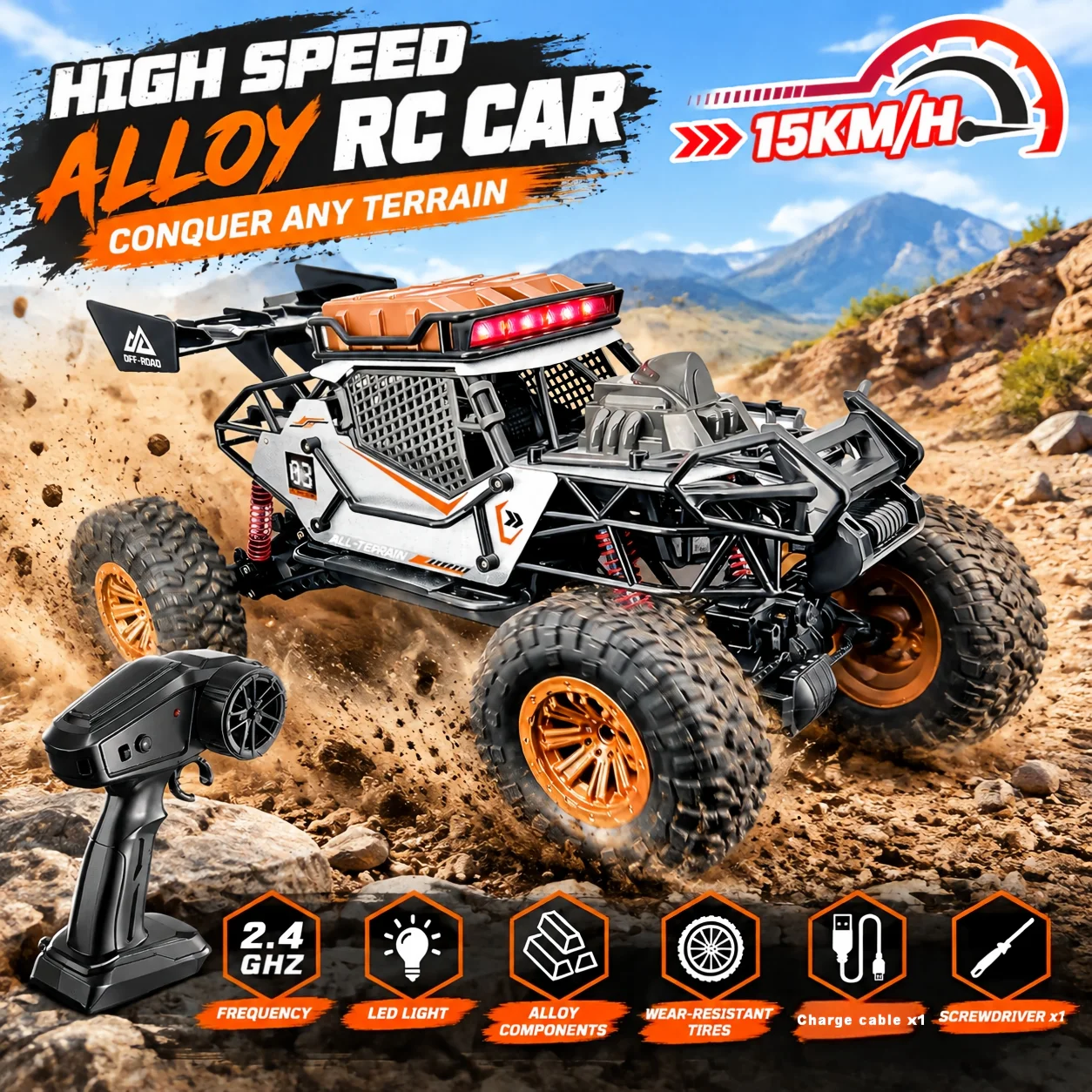 1/6 RC Truck 2.4G 4WD 15KM/H Remote Control Off-road Car with Lights RC All Terrain Truck for Kids Boys RC Toys Holiday Gifts