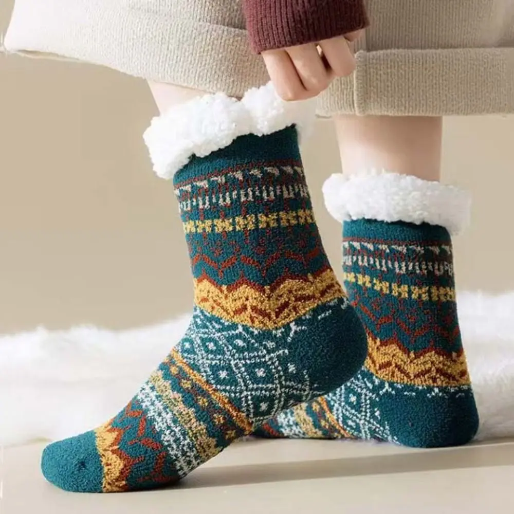 

Patchwork Fleece Socks Women Mid Tube Anti Slip Winter Floor Socks Hosiery Ethnic Style Thicken Velvet Socks Winter