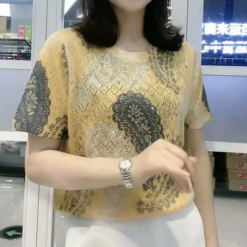 Women's Clothing Vintage Paisley Printed Pullovers Casual 2024 Summer Chic Diamonds Loose Commute O-Neck Short Sleeve T-shirt