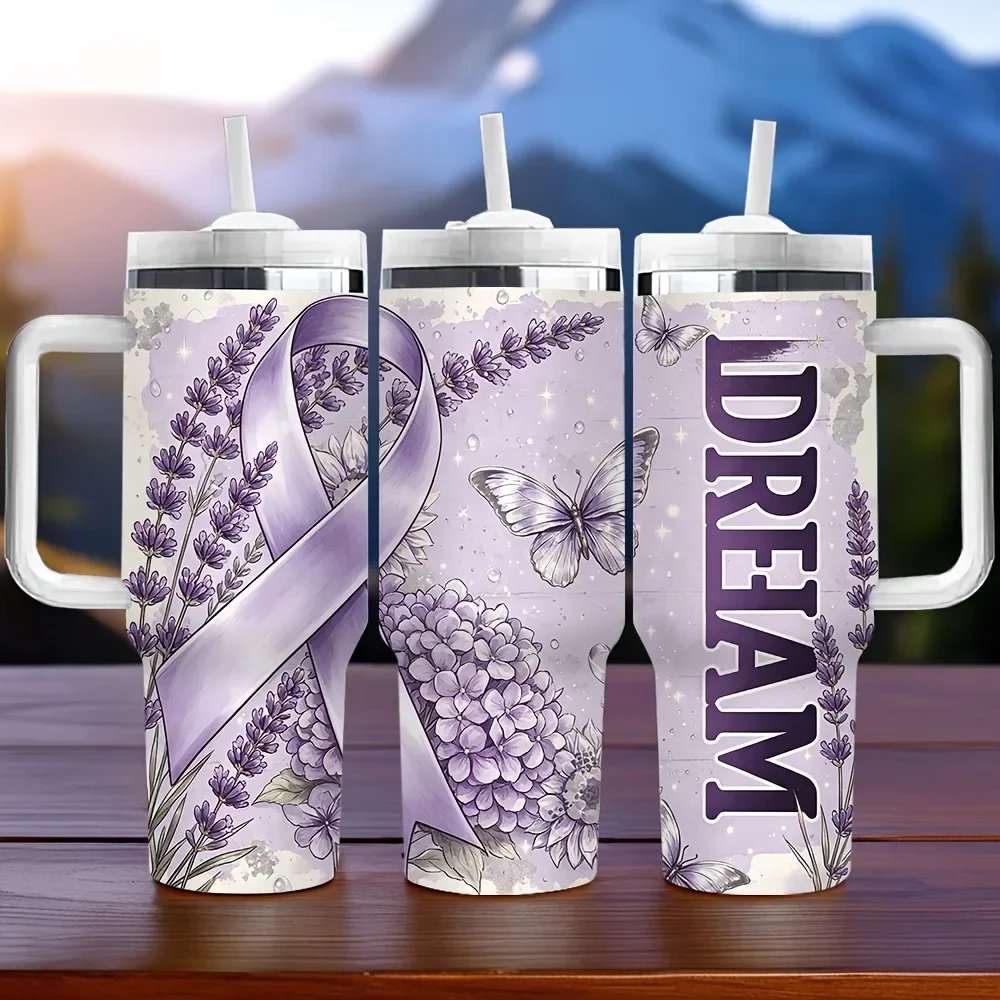 40oz Insulated Tumbler with Handle, Printed with Lavender Purple Ribbon Butterfly Dream Pattern, Perfect Holiday Birthday Gift, Suitable for Daily Use And Outdoor Travel, Features Long Lasting Heat Preservation