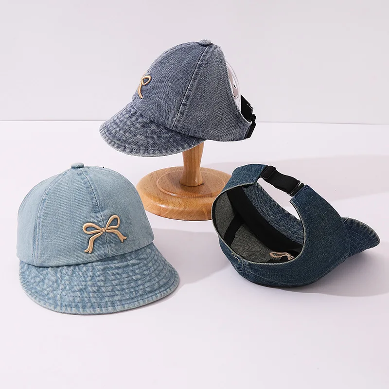 

Летняя джинсовая панама для малышей с милым бантом и вышивкой, регулируемая, с открытым верхом, для девочек, защита от солнца