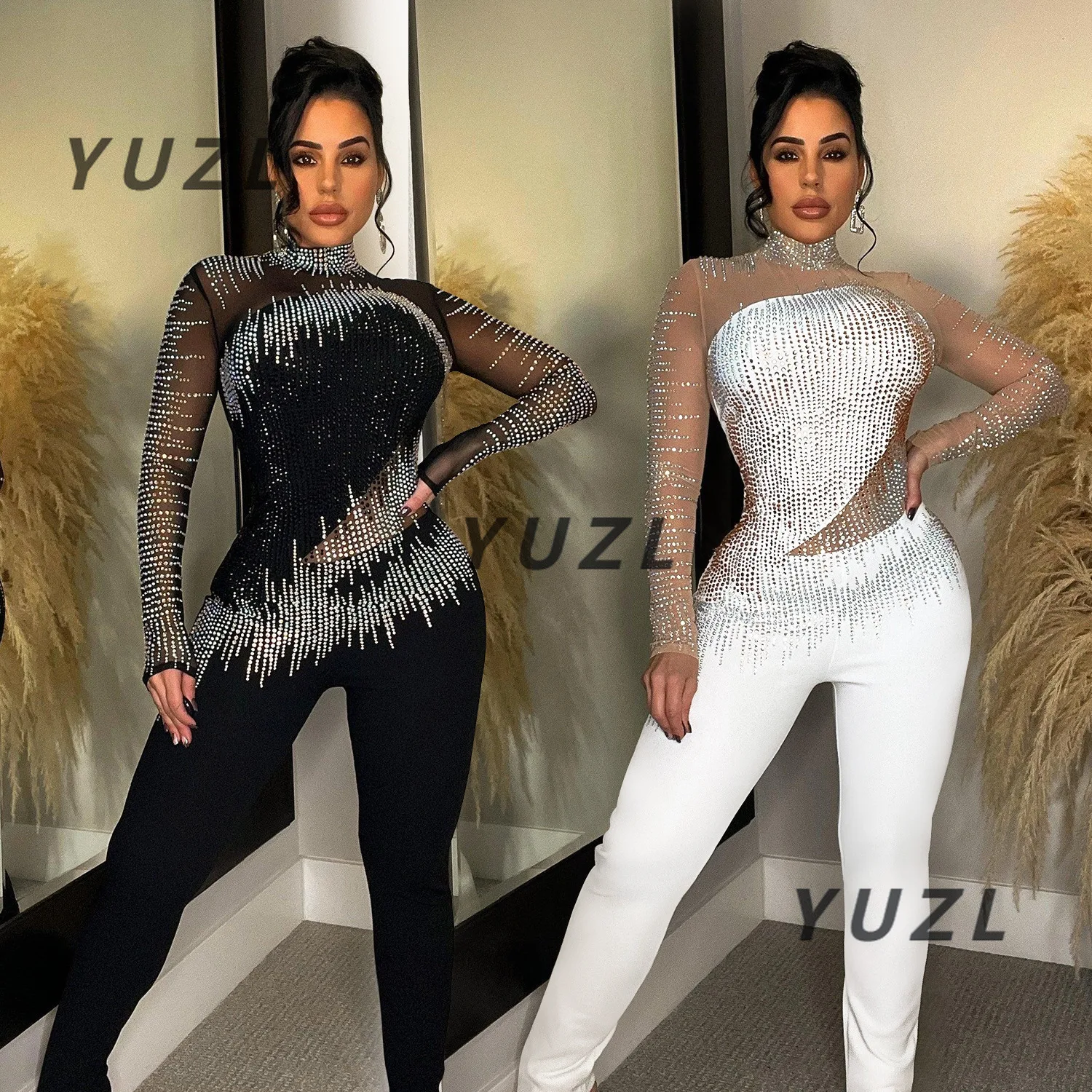 

C66 European and American fashion women's clothing solid color mesh hot diamond long-sleeved trousers jumpsuit 2025 new