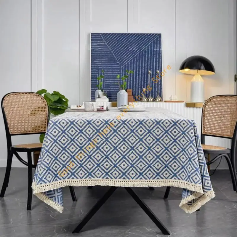 55KF Blue Fringed Table Cover Resistant Polyester Linen Texture Tablecloth Decors For Kitchen Dining Room Decorations