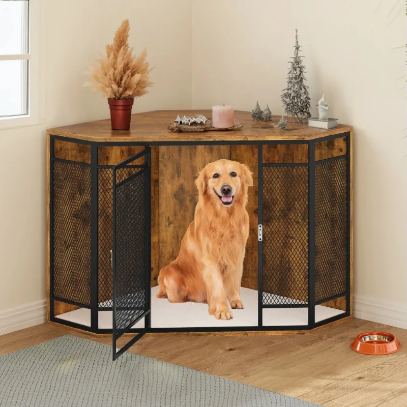 

Corner Dog Crate Furniture,Stylish 43.7-inch Wooden Dog Kennel with Sturdy Metal Mesh, Multi-functional End Table