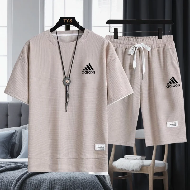 Summer men's fashionable casual short-sleeved T-shirt + sports shorts set, fitness breathable jogging suit two-piece set