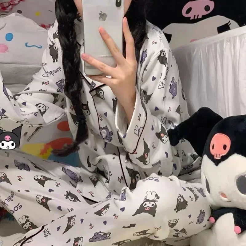 Kuromi Hello Kitty Pajamas for Women Spring and Autumn Cardigan Long-sleeved Trousers Ins Style Creative Home Wear Two-piece Set