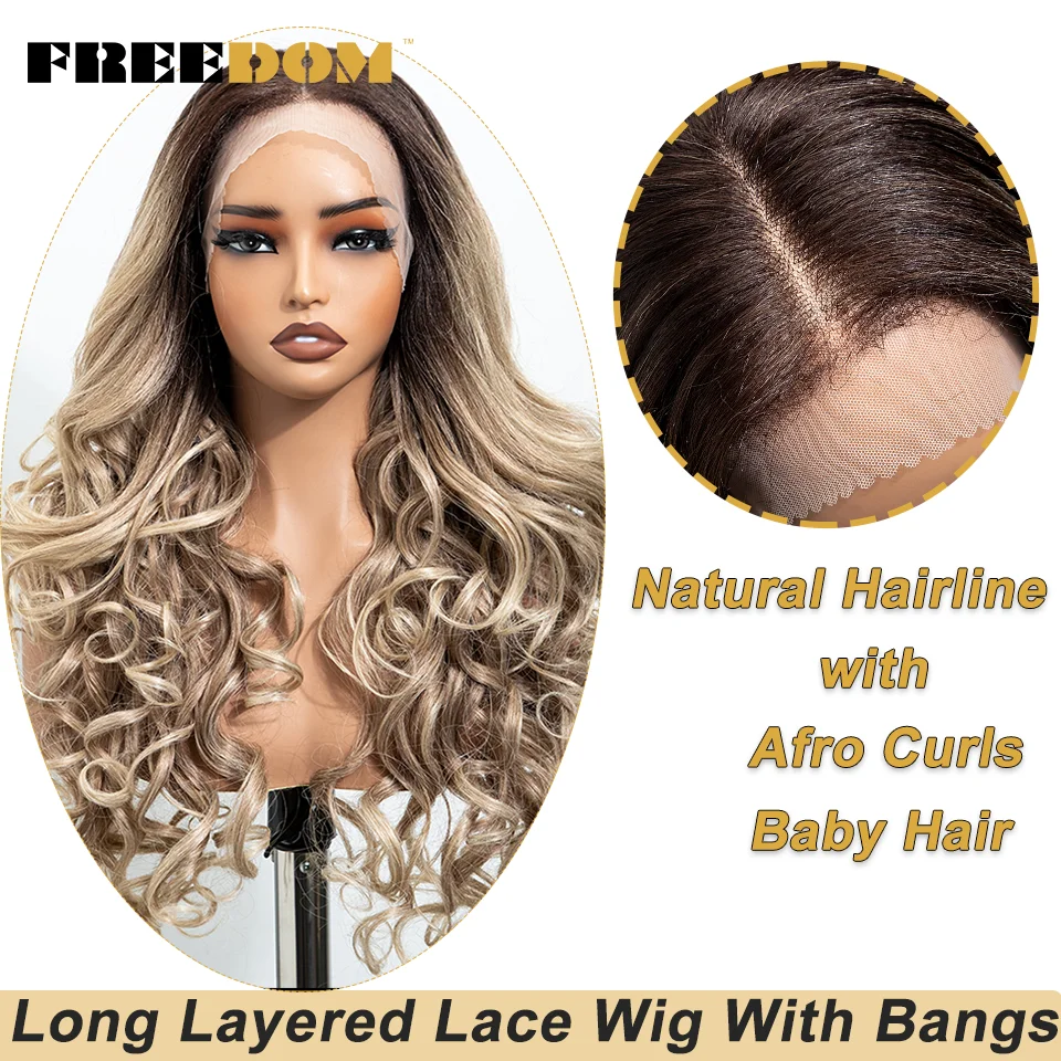 FREEDOM Curly Synthetic Lace Front Wigs For Black Women 24 Inch Pre Plucked Lace Wig Ombre Brown Blonde Highlight Daily Use Wig