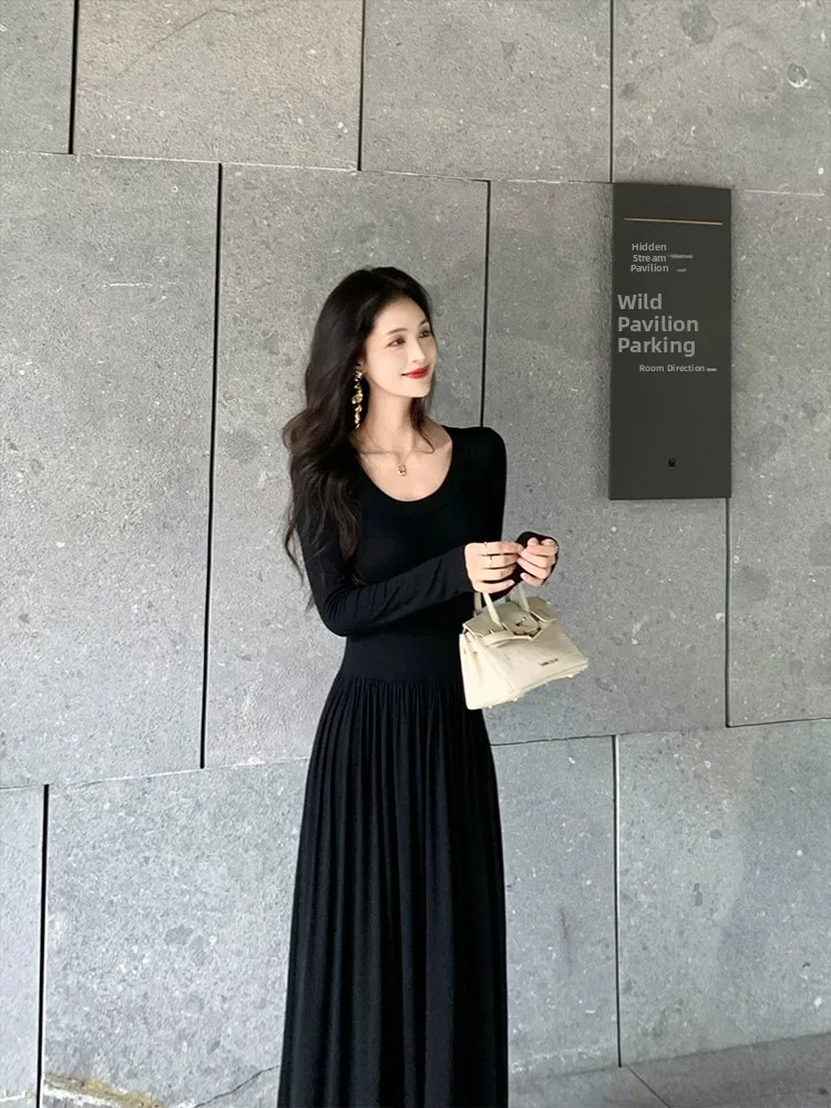 

Вязаное платье LinYanER Ballet с длинным рукавом и U-образным вырезом для женщин, весна-осень, повседневное, облегающее, в пол