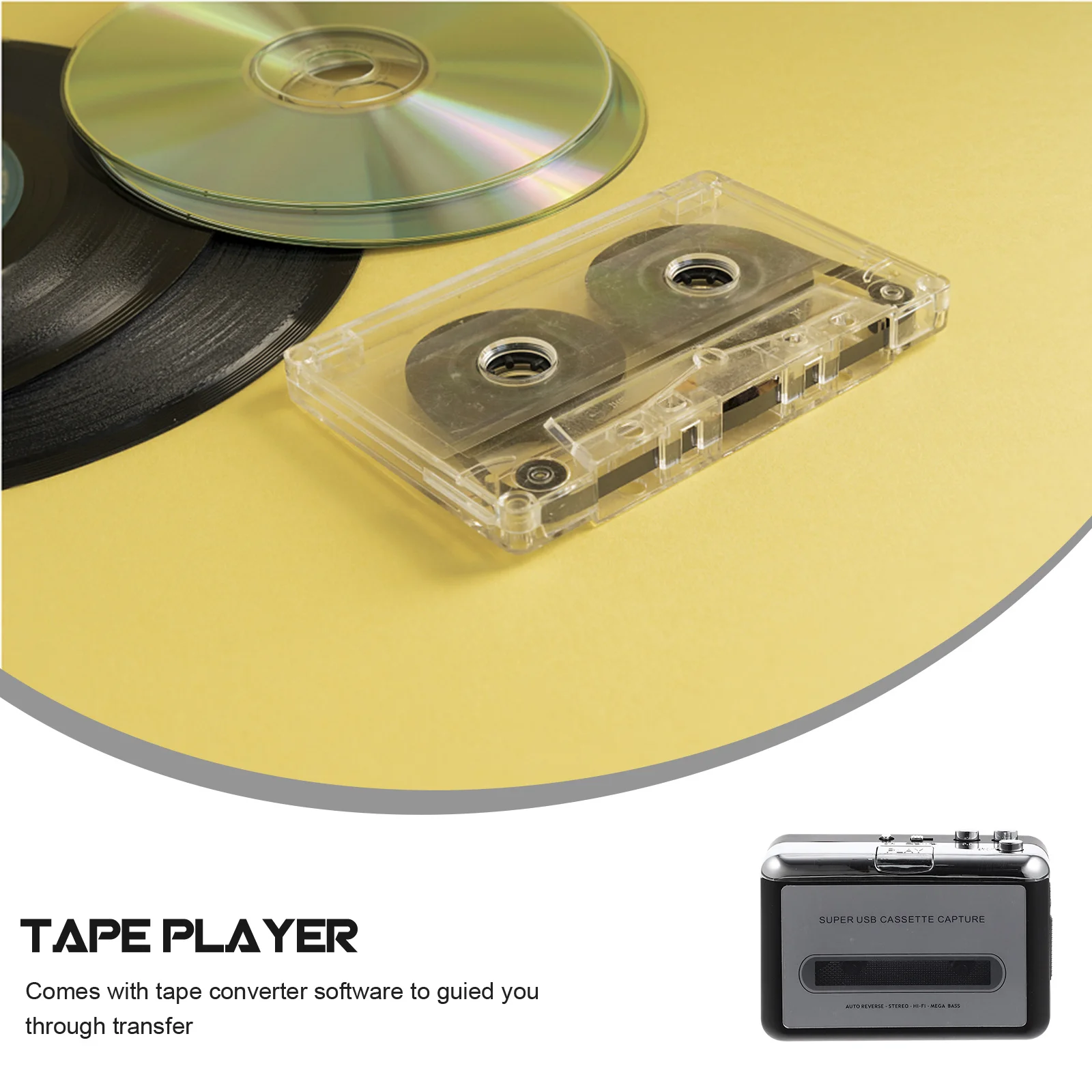 

USB Cassette Tape Converter Portable Cassette Player Converts Tape to Mp3 Software Included Or USB Powered High Fidelity