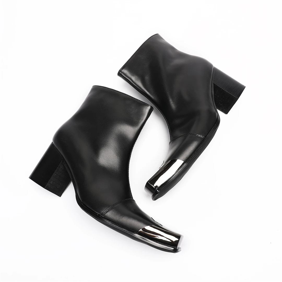 Black Men's Chelsea Boots, Metal Square-Toe Dress Boots, Solid-Color Genuine Leather, Handcrafted Fall Shoes