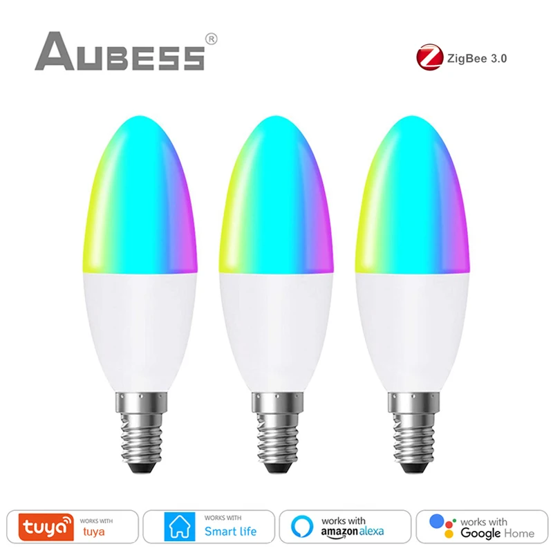 

Умная Светодиодная лампа-свеча Tuya Zigbee 3,0, E14, RGB + W + C, с регулируемой яркостью, через шлюз SmartThings ZigBee, голосовое управление, Alexa Google Home