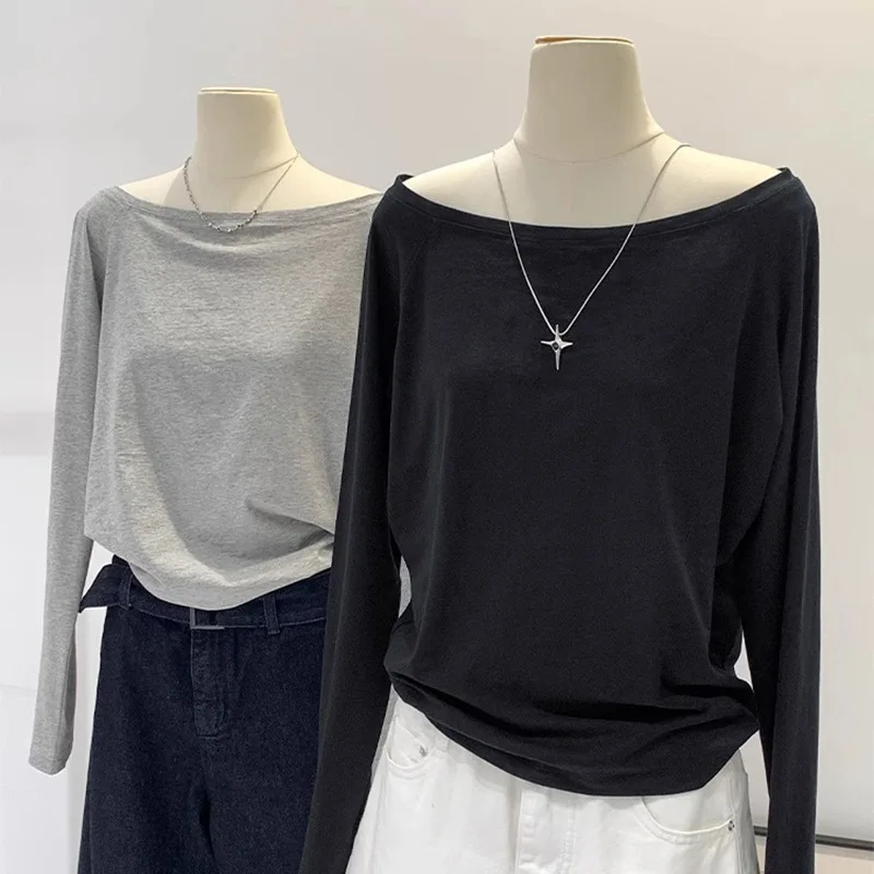 

One-word Shoulder Pure Cotton Long-sleeved Slanted Shoulder Black T-shirt Women's 2025 Spring and Autumn