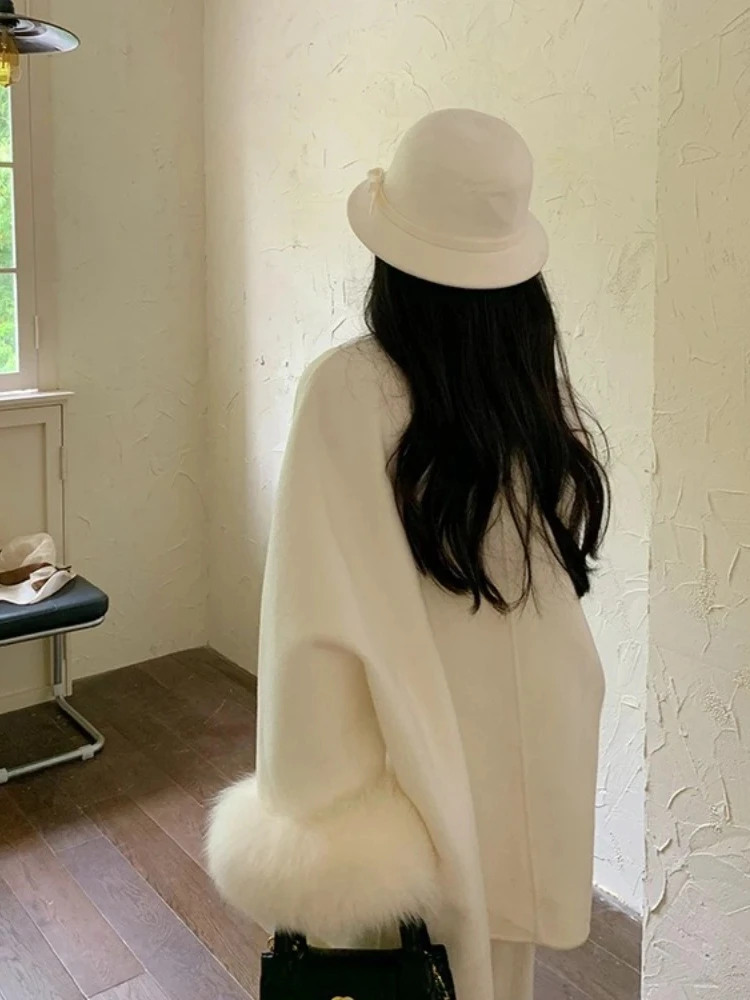 2025 nouveau automne hiver vêtements femmes mi-long col rond véritable fourrure de renard manchette laine veste femme ample chaud cachemire laine manteau