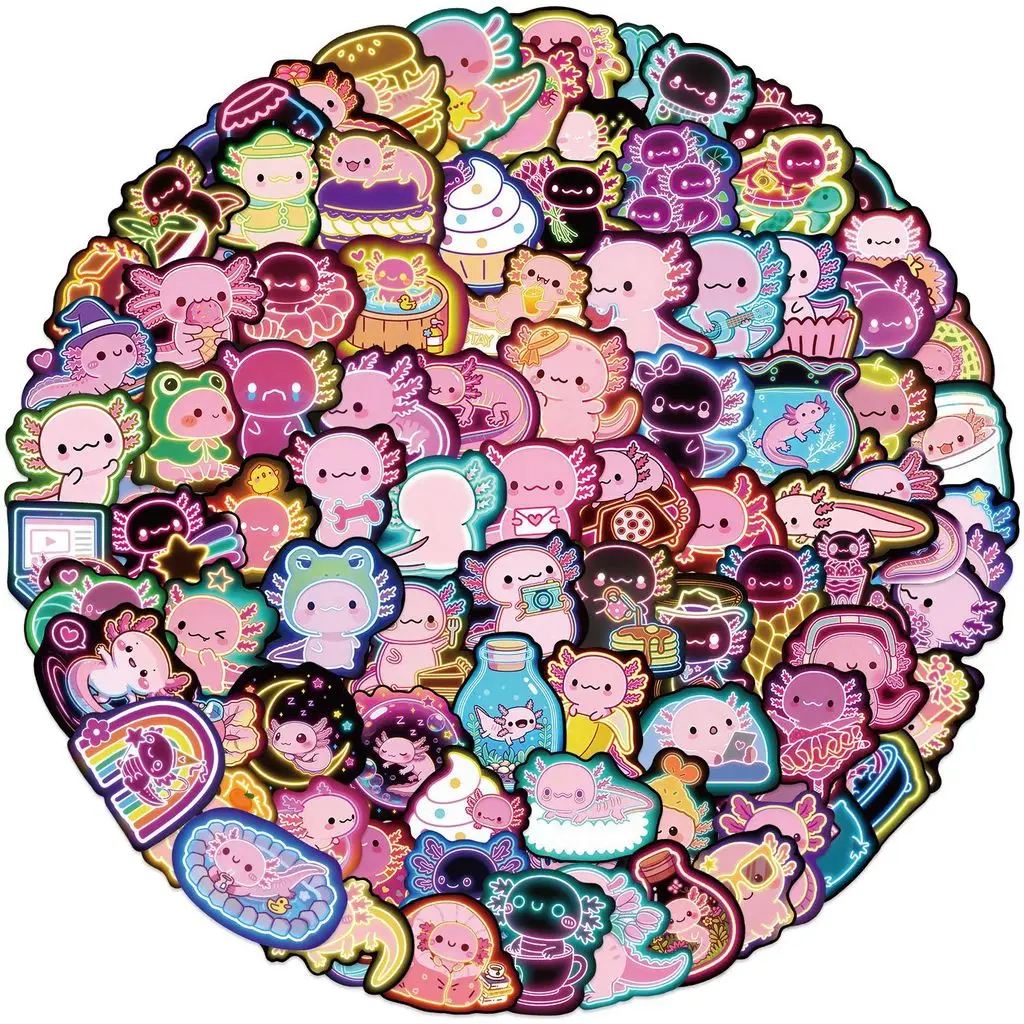 50/100Pcs Cute Cartoon Axolotl Neon PVC Stickers Waterproof for Luggage Water Bottle Phone Golden Memory Stickers Store