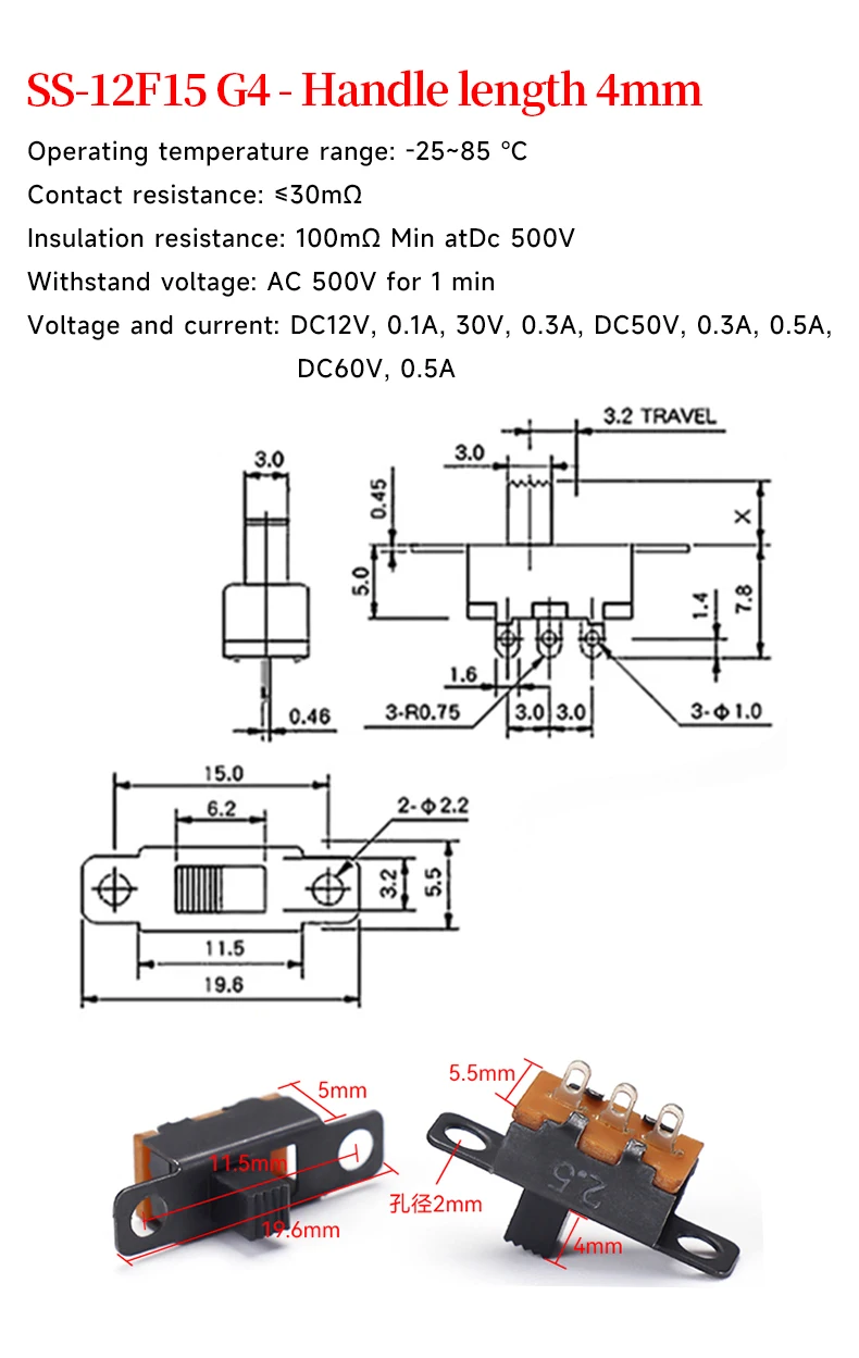 5 Stück Vertikaler Leistungs-Kippschalter SS-12F15 G4 Miniatur-Kippschalter mit 4mm Vertikaler Grifflänge – Detail 1