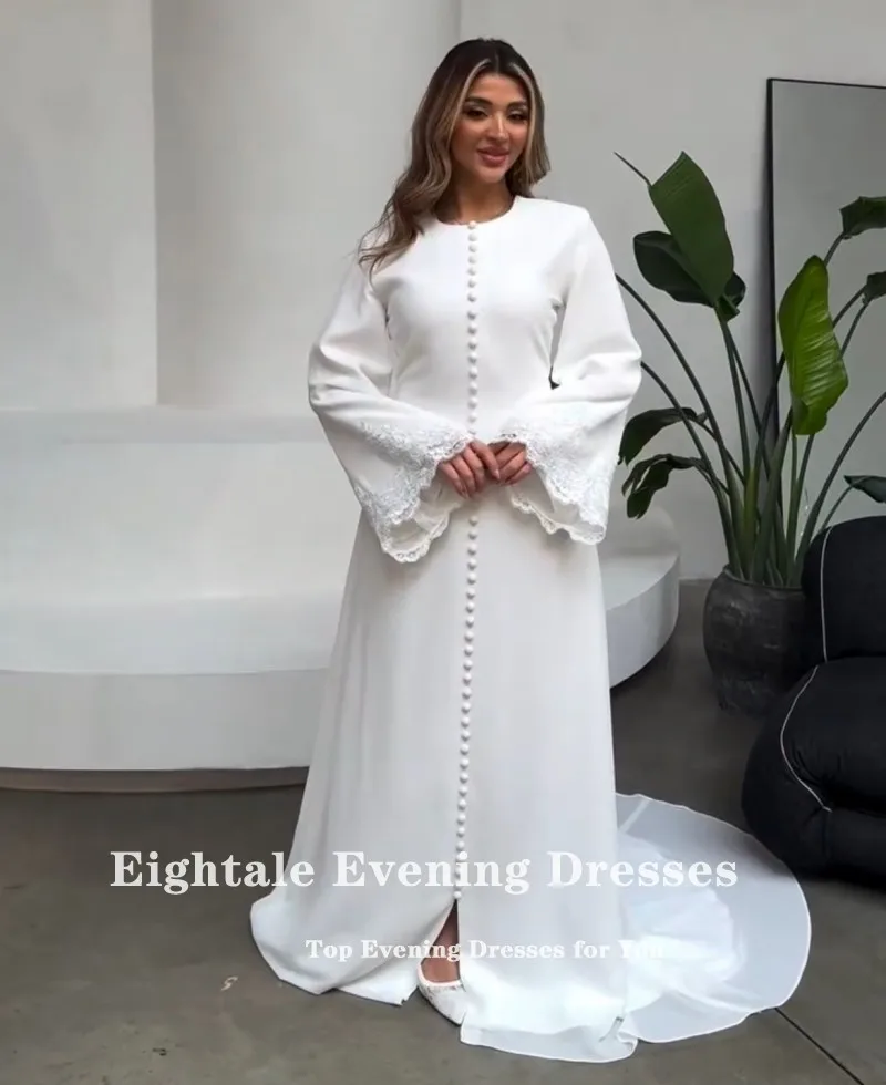 Eightale Arabic Wedding Dresses O-Neck Lace Mermaid Muslim Buttons White Ivory Customized Modest Bridal Gowns Vestidos De Novia