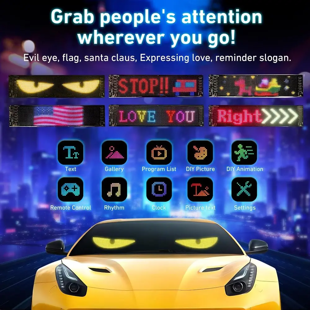 Cartello per auto a LED regolabile 23,4 x 4,7 con app e telecomando per parabrezza